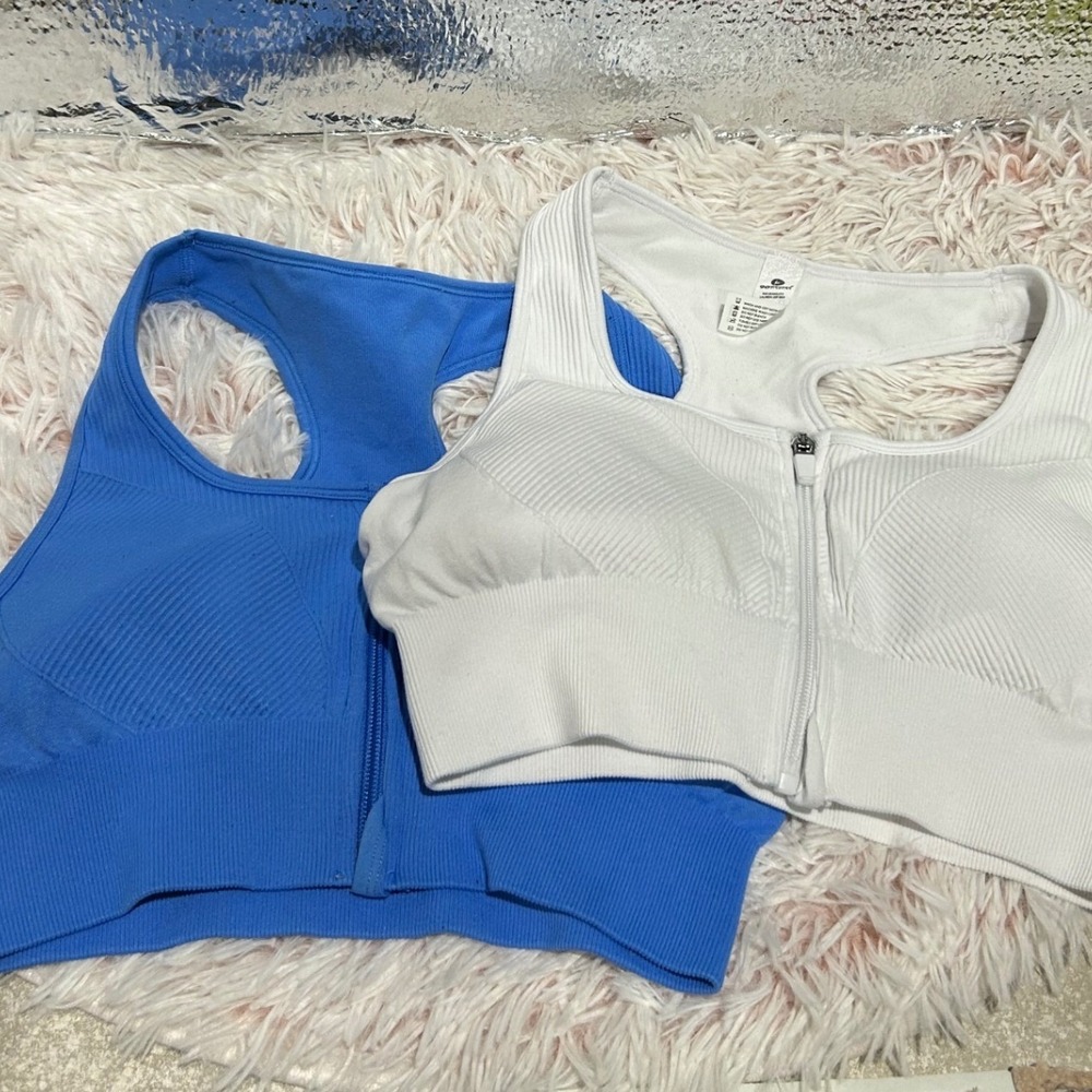 Bundle of 2 Sports Bra Women Large Blue White Zip Front Ribbed Activewear Gym - Picture 1 of 6